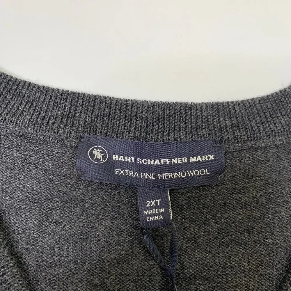 Hart Schaffner Marx Sweater Vest Mens 2XT Tall Grey Merino Wool Soft V Neck Golf